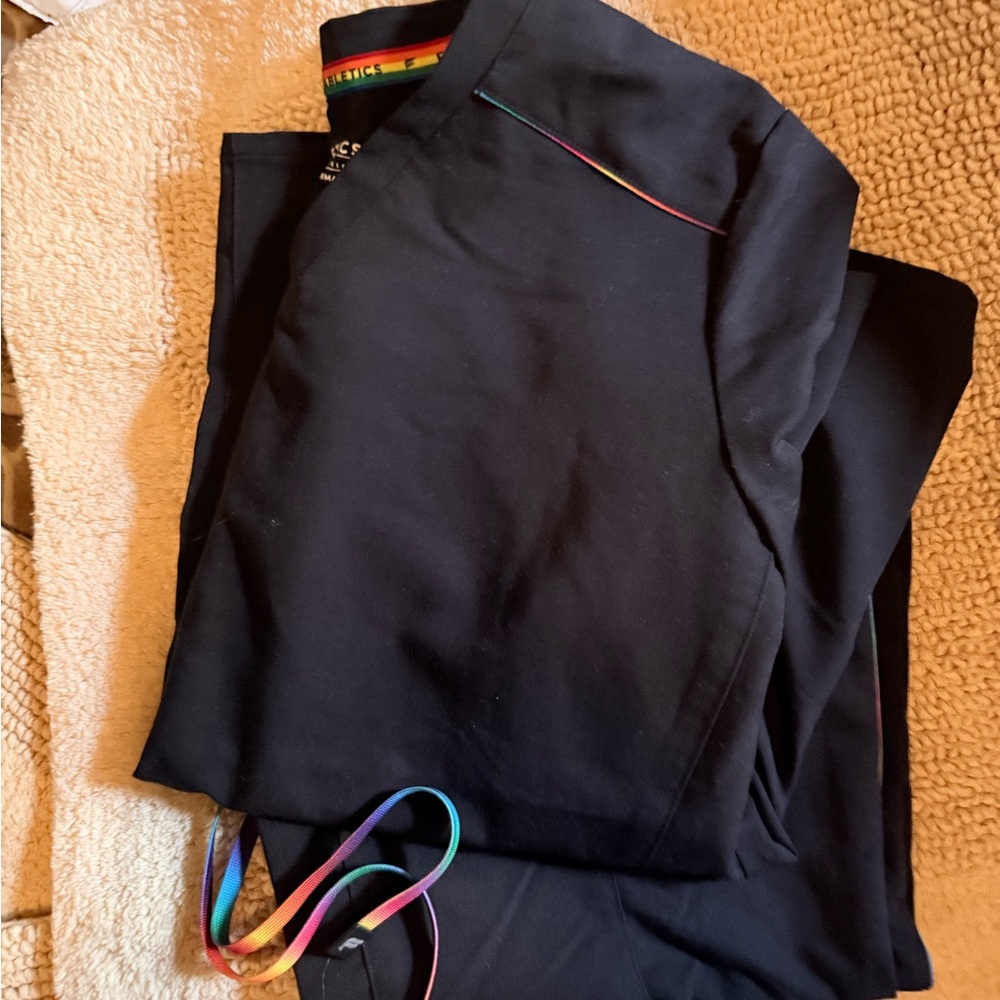 Fabletics Women’s Black Athletic Shirt and jogger Pants with Rainbow Trim